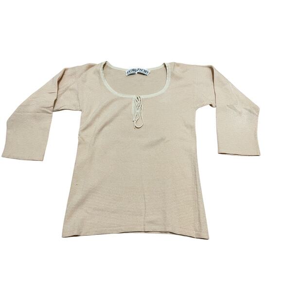 Vintage Gloria Sachs Women's M 100% Cashmere Peach Stripped Milkmaid 3/4 Sweater - Picture 1 of 5